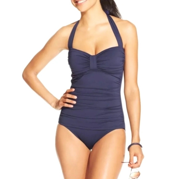 Tommy Bahama Plus Size Pearl Ruched Sweetheart Halter One Piece Swimsuit Blue 16 - Picture 1 of 16